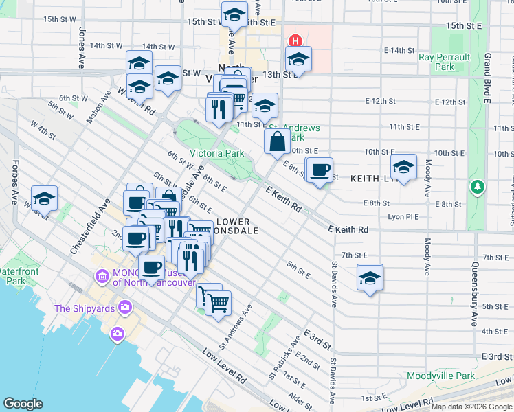 map of restaurants, bars, coffee shops, grocery stores, and more near 216 6th Street East in North Vancouver