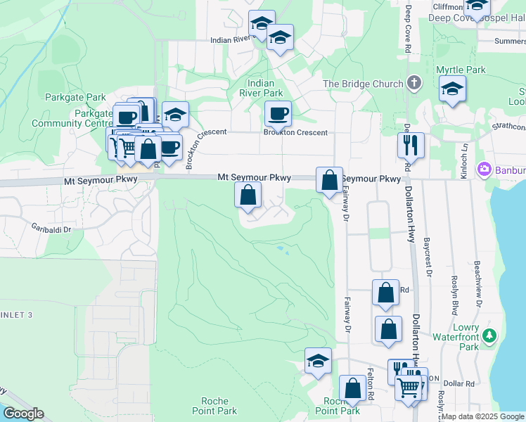 map of restaurants, bars, coffee shops, grocery stores, and more near 4001 Mount Seymour Parkway in North Vancouver