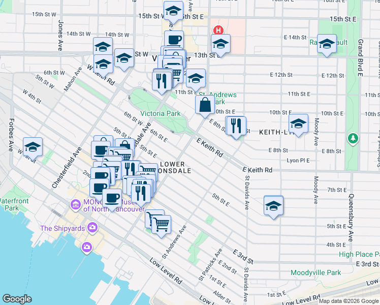 map of restaurants, bars, coffee shops, grocery stores, and more near 216 6th Street East in North Vancouver