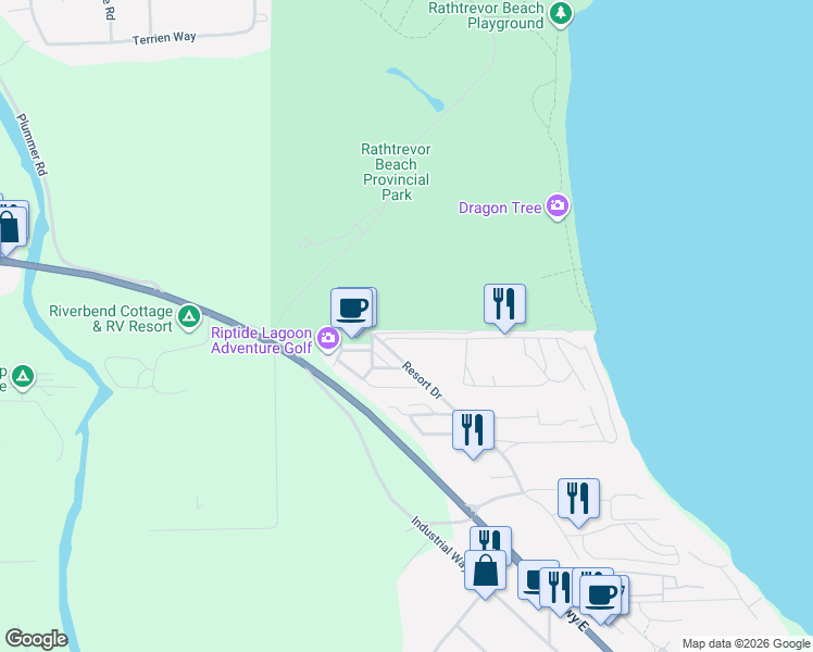 map of restaurants, bars, coffee shops, grocery stores, and more near 1059 Tanglewood Place in Parksville