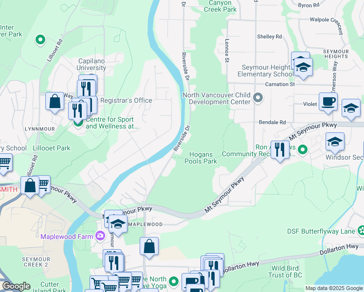 map of restaurants, bars, coffee shops, grocery stores, and more near 938 Riverside Drive in North Vancouver