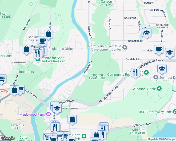 map of restaurants, bars, coffee shops, grocery stores, and more near 938 Riverside Drive in North Vancouver