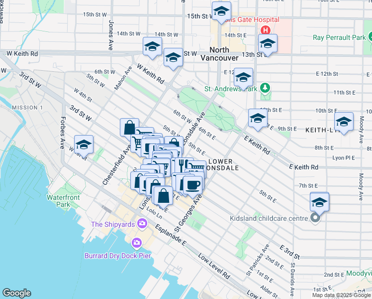 map of restaurants, bars, coffee shops, grocery stores, and more near 444 Lonsdale Avenue in North Vancouver