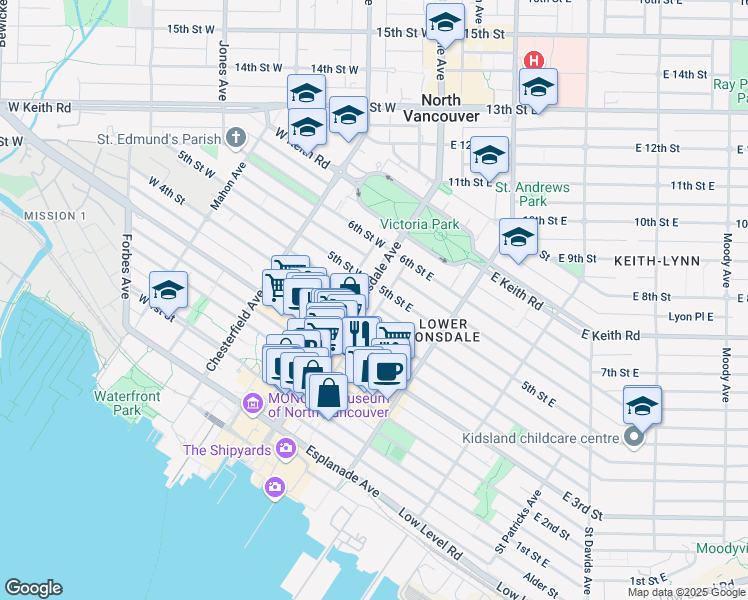 map of restaurants, bars, coffee shops, grocery stores, and more near 444 Lonsdale Avenue in North Vancouver