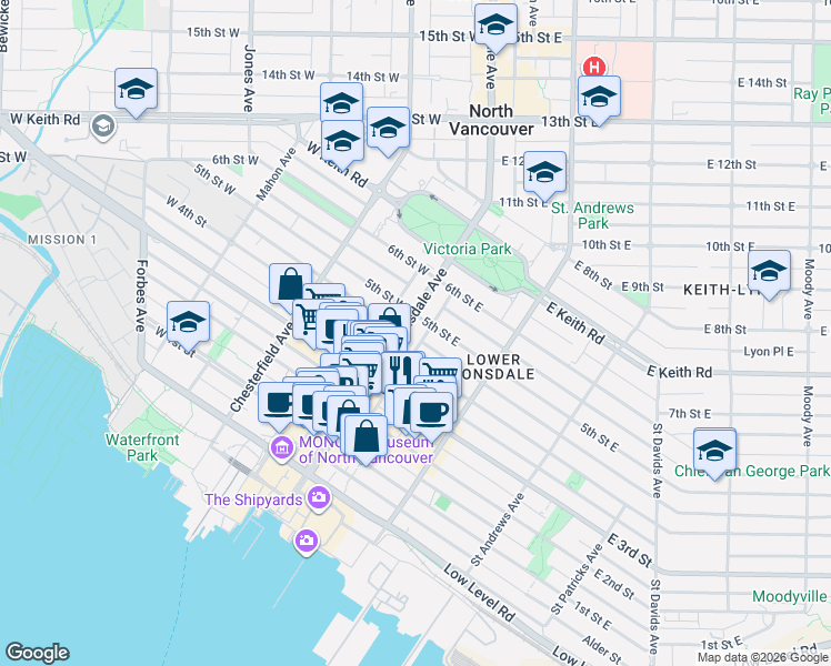 map of restaurants, bars, coffee shops, grocery stores, and more near 444 Lonsdale Avenue in North Vancouver