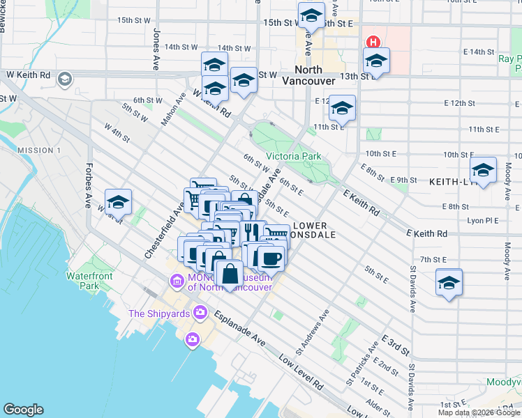 map of restaurants, bars, coffee shops, grocery stores, and more near 444 Lonsdale Avenue in North Vancouver
