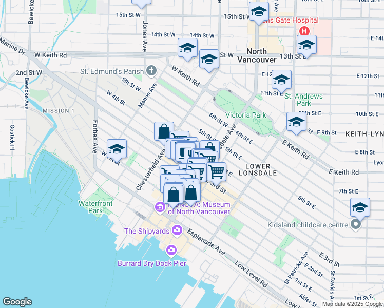map of restaurants, bars, coffee shops, grocery stores, and more near in North Vancouver