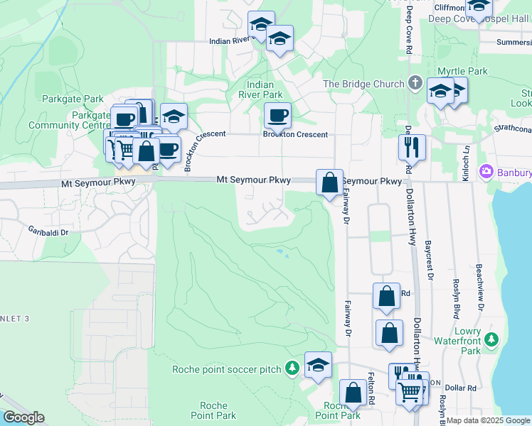 map of restaurants, bars, coffee shops, grocery stores, and more near 4001 Mount Seymour Parkway in North Vancouver