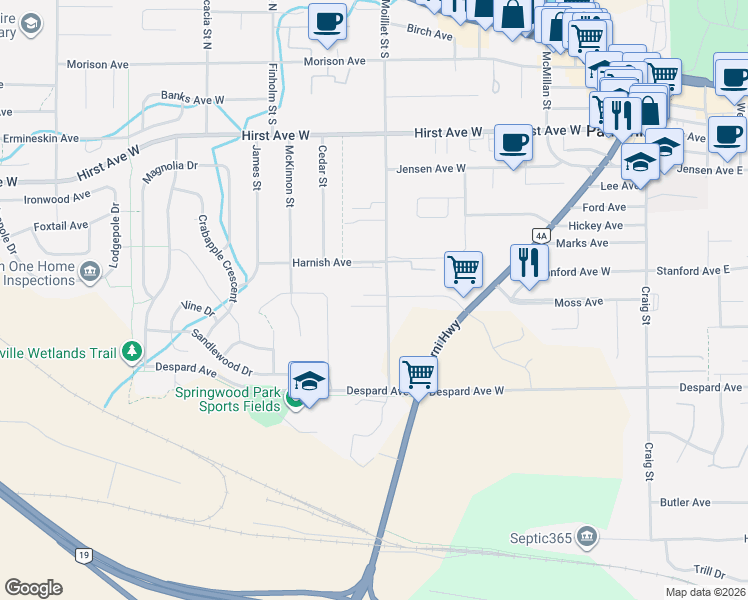 map of restaurants, bars, coffee shops, grocery stores, and more near 409 Hummingbird Place in Parksville
