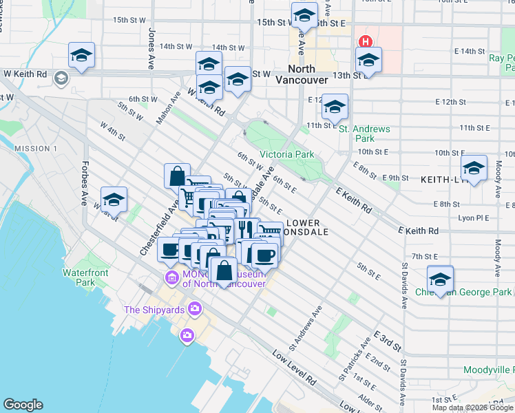 map of restaurants, bars, coffee shops, grocery stores, and more near 444 Lonsdale Avenue in North Vancouver