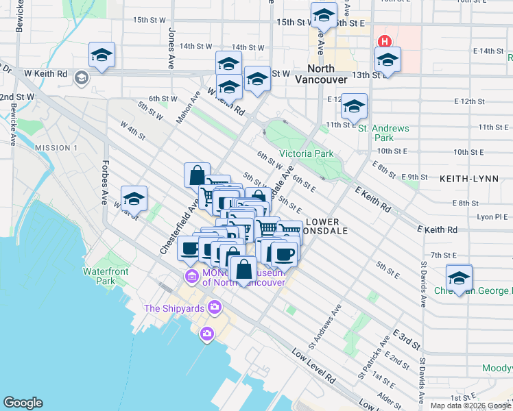 map of restaurants, bars, coffee shops, grocery stores, and more near 110 West 4th Street in North Vancouver