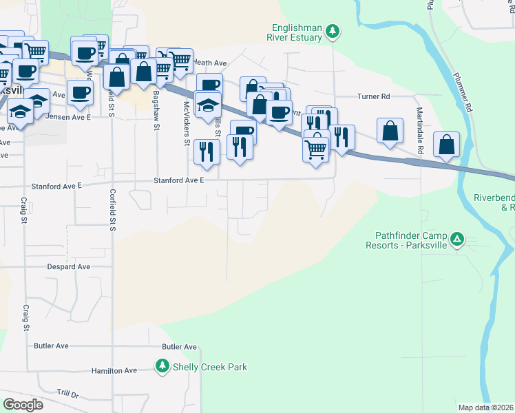 map of restaurants, bars, coffee shops, grocery stores, and more near 450 Stanford Avenue East in Parksville