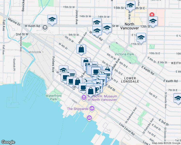 map of restaurants, bars, coffee shops, grocery stores, and more near 160 3rd Street West in North Vancouver