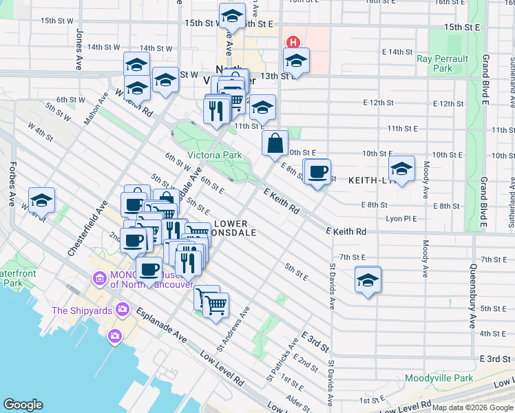 map of restaurants, bars, coffee shops, grocery stores, and more near in North Vancouver