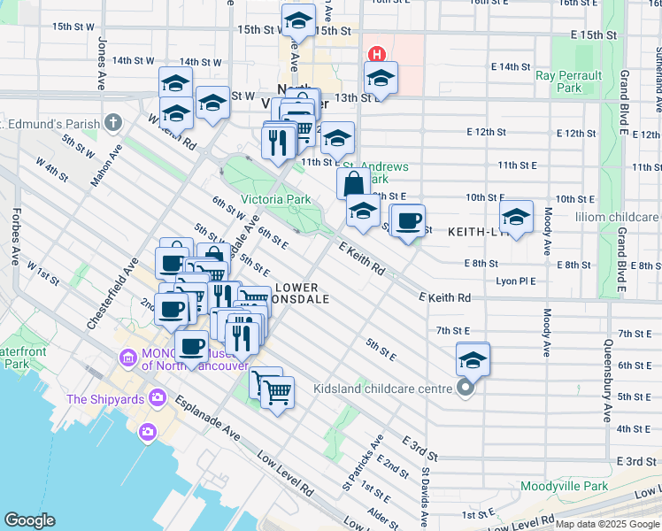 map of restaurants, bars, coffee shops, grocery stores, and more near in North Vancouver