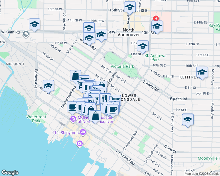 map of restaurants, bars, coffee shops, grocery stores, and more near 444 Lonsdale Avenue in North Vancouver