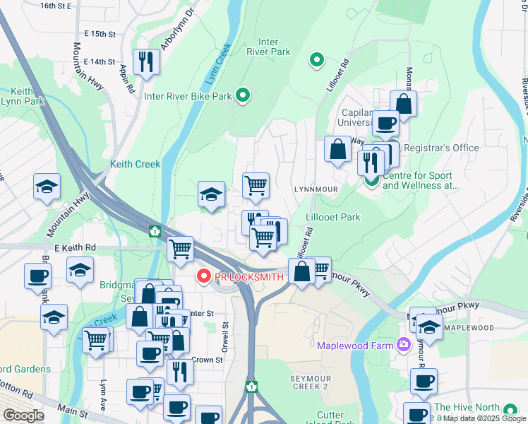map of restaurants, bars, coffee shops, grocery stores, and more near 834 Premier Street in North Vancouver