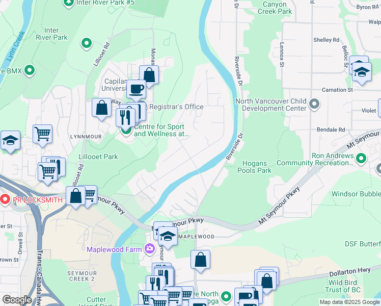 map of restaurants, bars, coffee shops, grocery stores, and more near 869 Seymour Boulevard in North Vancouver