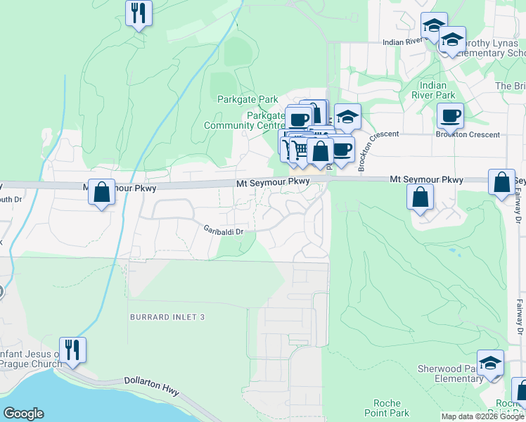 map of restaurants, bars, coffee shops, grocery stores, and more near 3634 Garibaldi Drive in North Vancouver