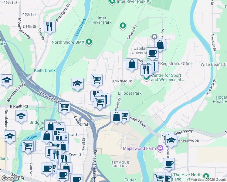 map of restaurants, bars, coffee shops, grocery stores, and more near 841 Old Lillooet Road in North Vancouver