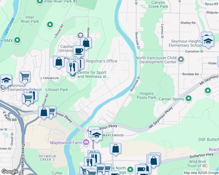 map of restaurants, bars, coffee shops, grocery stores, and more near 869 Seymour Boulevard in North Vancouver