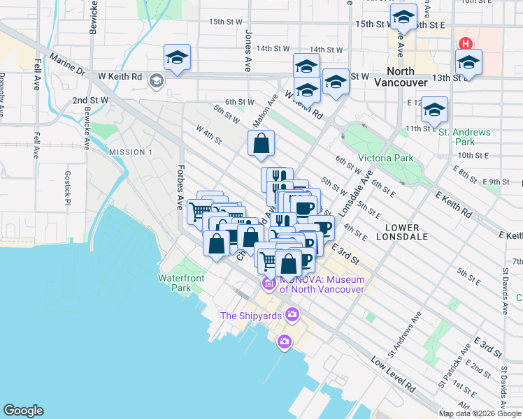 map of restaurants, bars, coffee shops, grocery stores, and more near 211 3rd Street West in North Vancouver