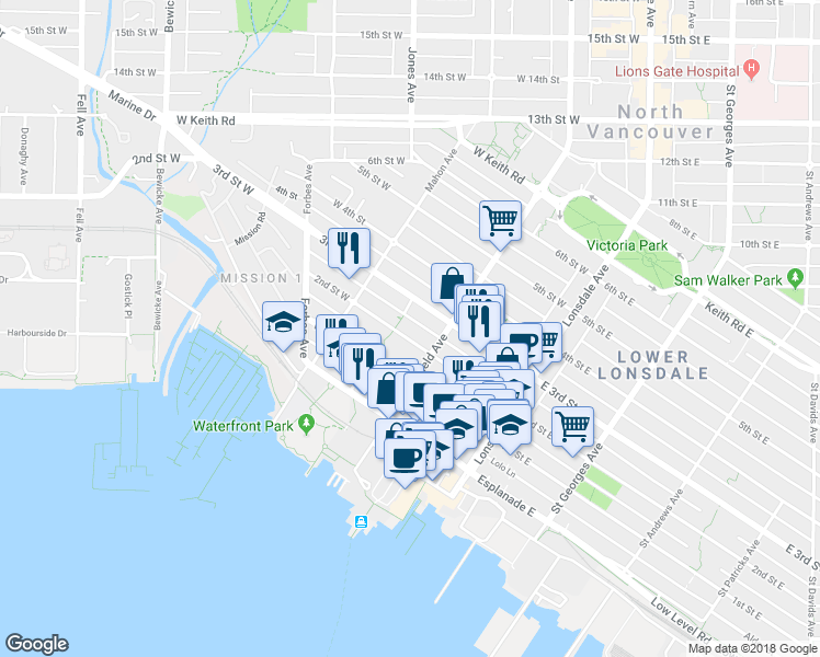 map of restaurants, bars, coffee shops, grocery stores, and more near 215 West 1st Street in North Vancouver