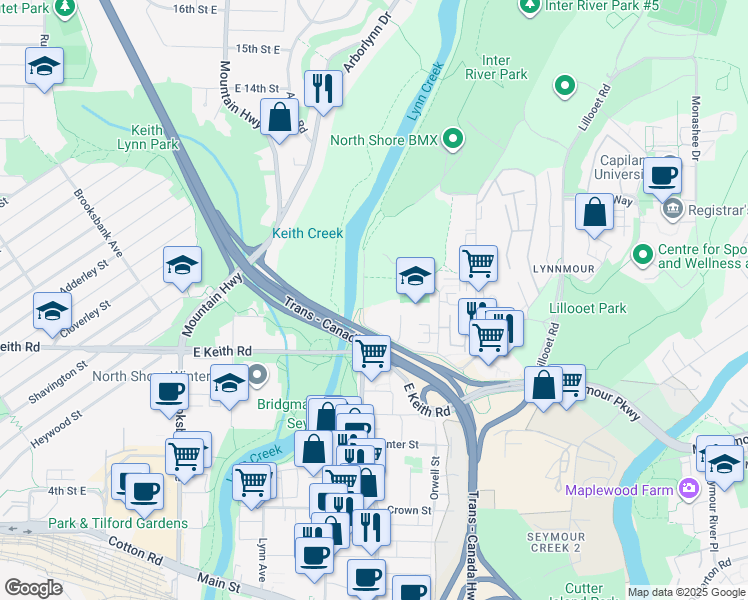 map of restaurants, bars, coffee shops, grocery stores, and more near 844 Saint Denis Avenue in North Vancouver