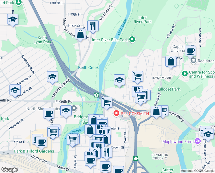 map of restaurants, bars, coffee shops, grocery stores, and more near 846 Saint Denis Avenue in North Vancouver