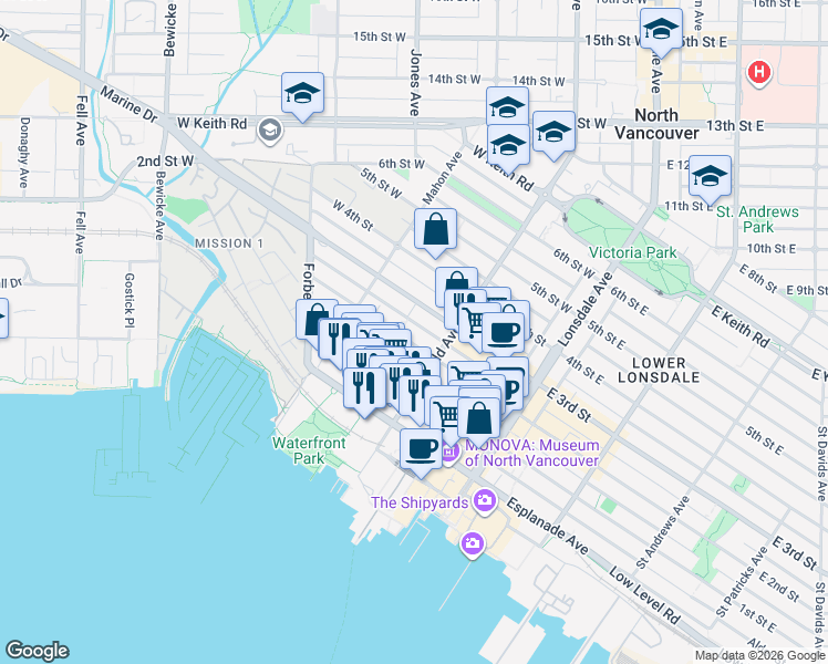 map of restaurants, bars, coffee shops, grocery stores, and more near 236 West 2nd Avenue in Vancouver
