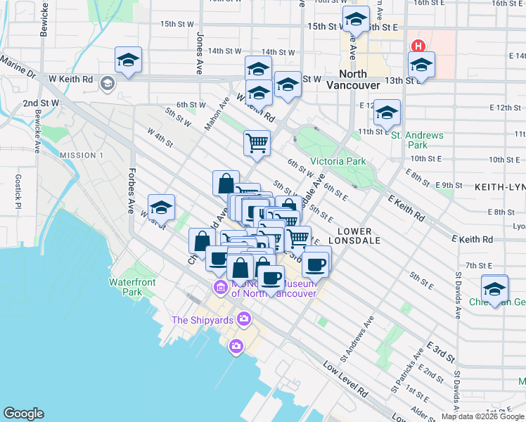 map of restaurants, bars, coffee shops, grocery stores, and more near 131 West 4th Street in North Vancouver