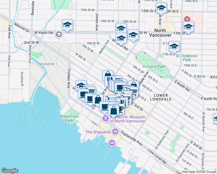 map of restaurants, bars, coffee shops, grocery stores, and more near 160 3rd Street West in North Vancouver