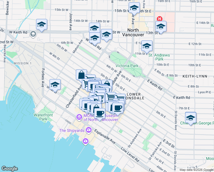 map of restaurants, bars, coffee shops, grocery stores, and more near 110 West 4th Street in North Vancouver