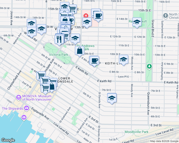 map of restaurants, bars, coffee shops, grocery stores, and more near 270 East Keith Road in North Vancouver