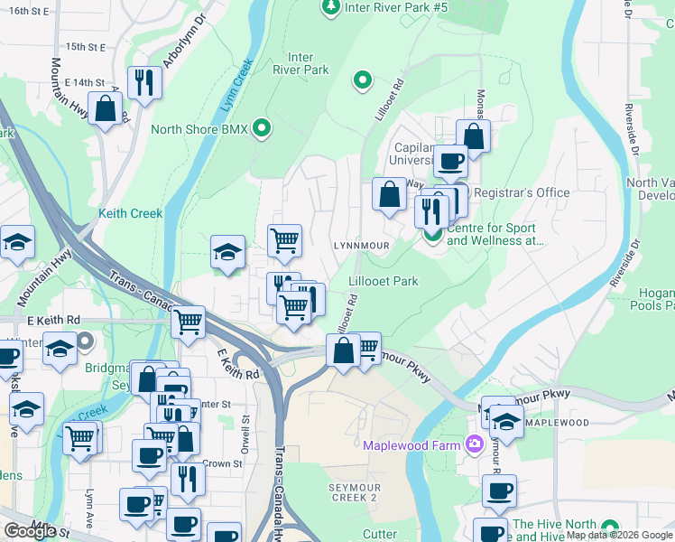 map of restaurants, bars, coffee shops, grocery stores, and more near 883 Old Lillooet Road in North Vancouver
