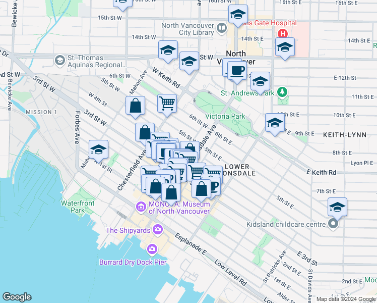 map of restaurants, bars, coffee shops, grocery stores, and more near 112 West 4th Street in North Vancouver