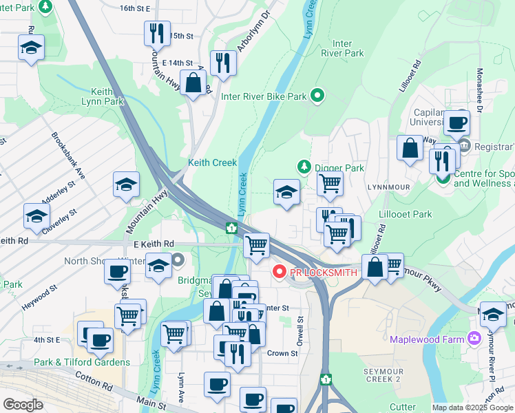 map of restaurants, bars, coffee shops, grocery stores, and more near 846 Saint Denis Avenue in North Vancouver