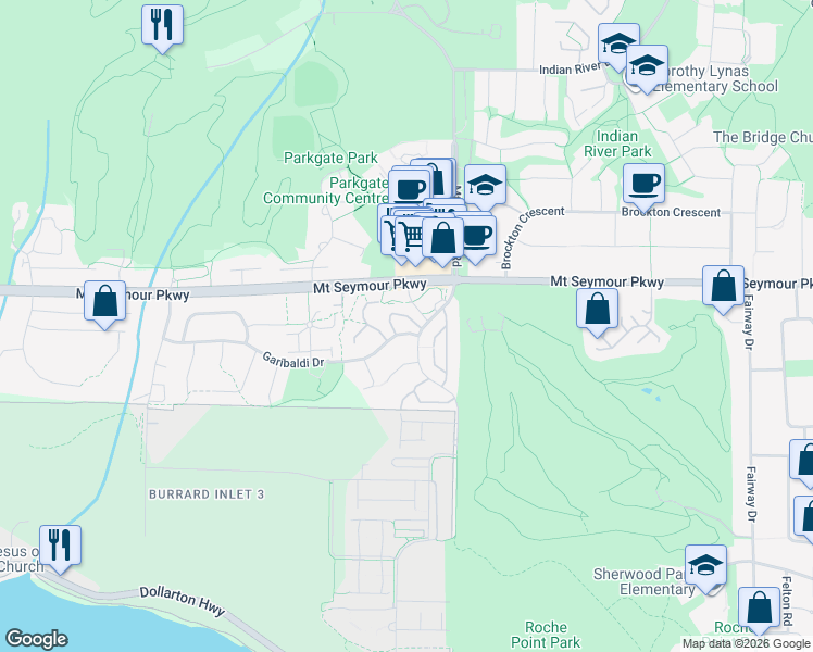 map of restaurants, bars, coffee shops, grocery stores, and more near 3666 Garibaldi Drive in North Vancouver