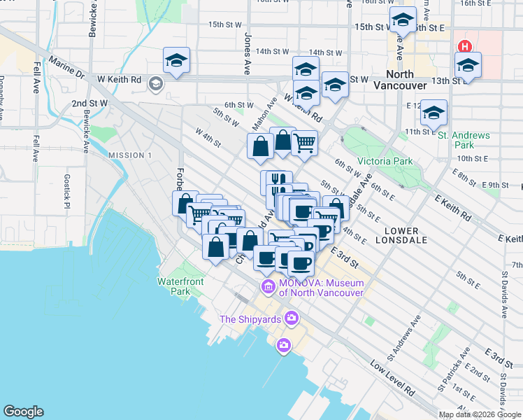 map of restaurants, bars, coffee shops, grocery stores, and more near 211 3rd Street West in North Vancouver