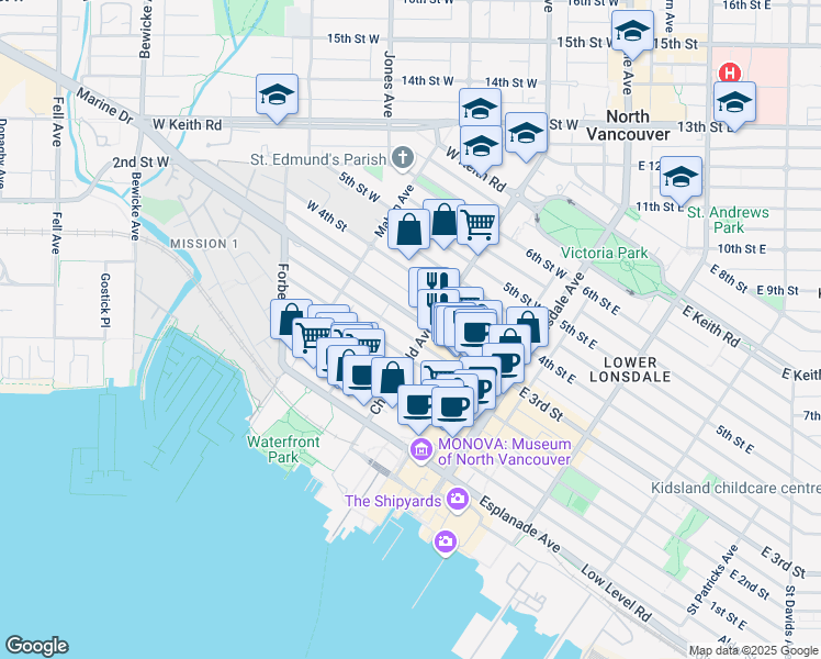 map of restaurants, bars, coffee shops, grocery stores, and more near 211 3rd Street West in North Vancouver