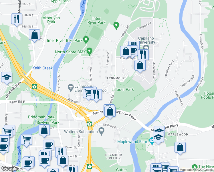 map of restaurants, bars, coffee shops, grocery stores, and more near 939 Old Lillooet Road in North Vancouver