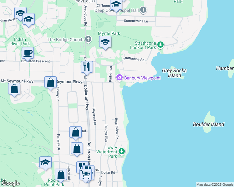 map of restaurants, bars, coffee shops, grocery stores, and more near 930 Beachview Drive in North Vancouver