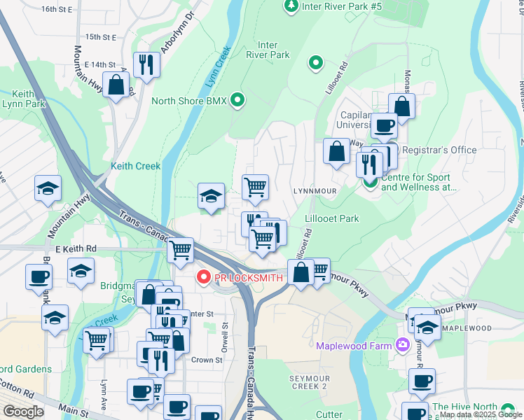 map of restaurants, bars, coffee shops, grocery stores, and more near 866 Premier Street in North Vancouver