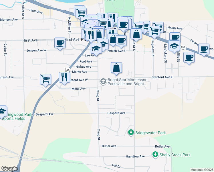 map of restaurants, bars, coffee shops, grocery stores, and more near 330 Craig Street in Parksville