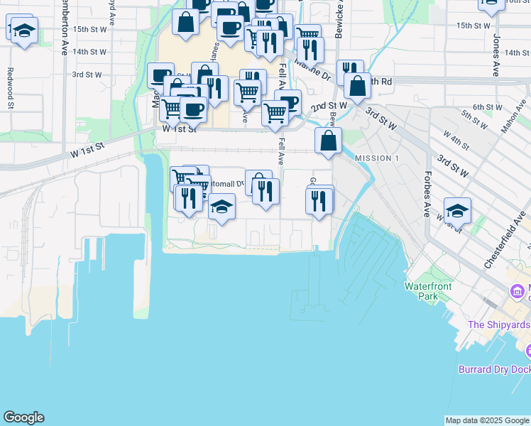 map of restaurants, bars, coffee shops, grocery stores, and more near 849 Automall Drive in North Vancouver