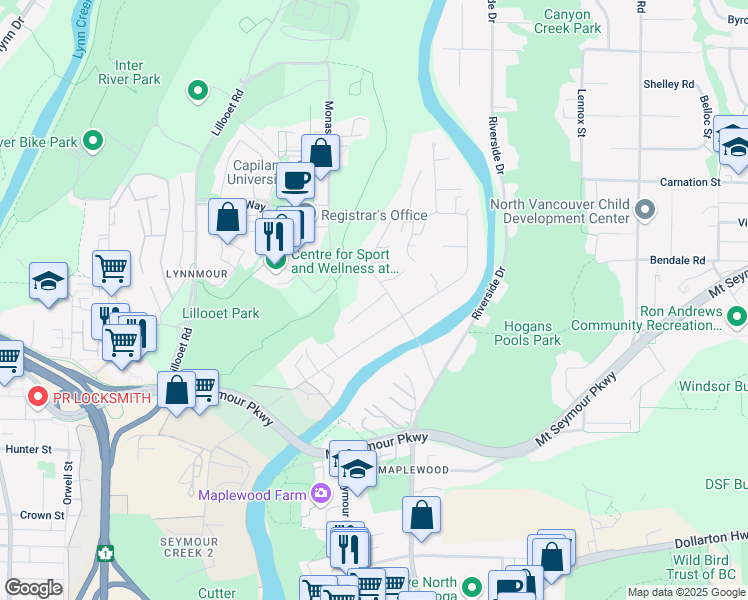 map of restaurants, bars, coffee shops, grocery stores, and more near 1059 Heritage Boulevard in North Vancouver