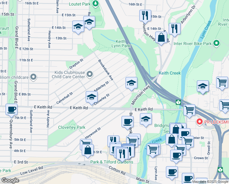 map of restaurants, bars, coffee shops, grocery stores, and more near 1179 Cloverley Street in North Vancouver