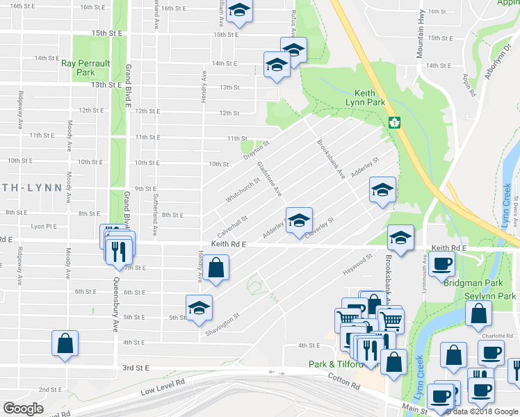 map of restaurants, bars, coffee shops, grocery stores, and more near 859 Calverhall Street in North Vancouver