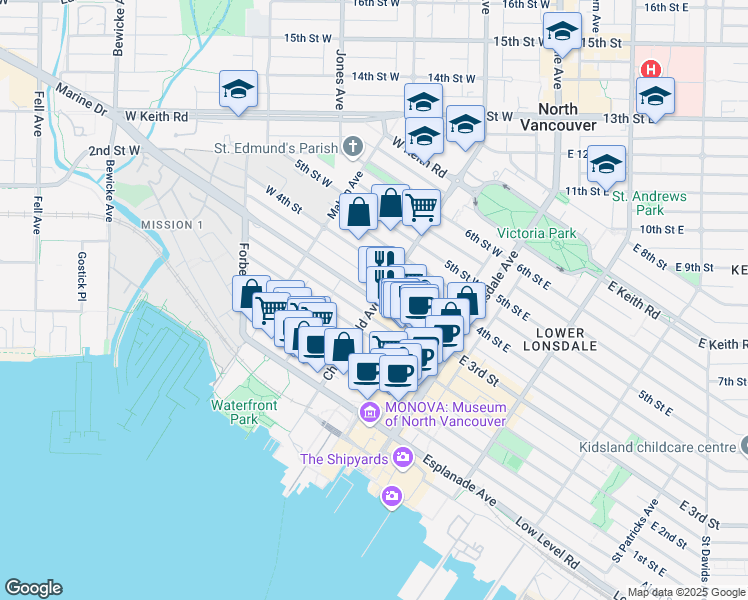 map of restaurants, bars, coffee shops, grocery stores, and more near 225 3rd Street West in North Vancouver