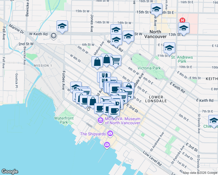 map of restaurants, bars, coffee shops, grocery stores, and more near 160 3rd Street West in North Vancouver